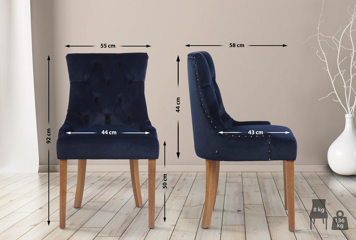 STUHL Samt blau - Blau/Naturfarben, Holz/Textil (55/92/58cm) - CLP