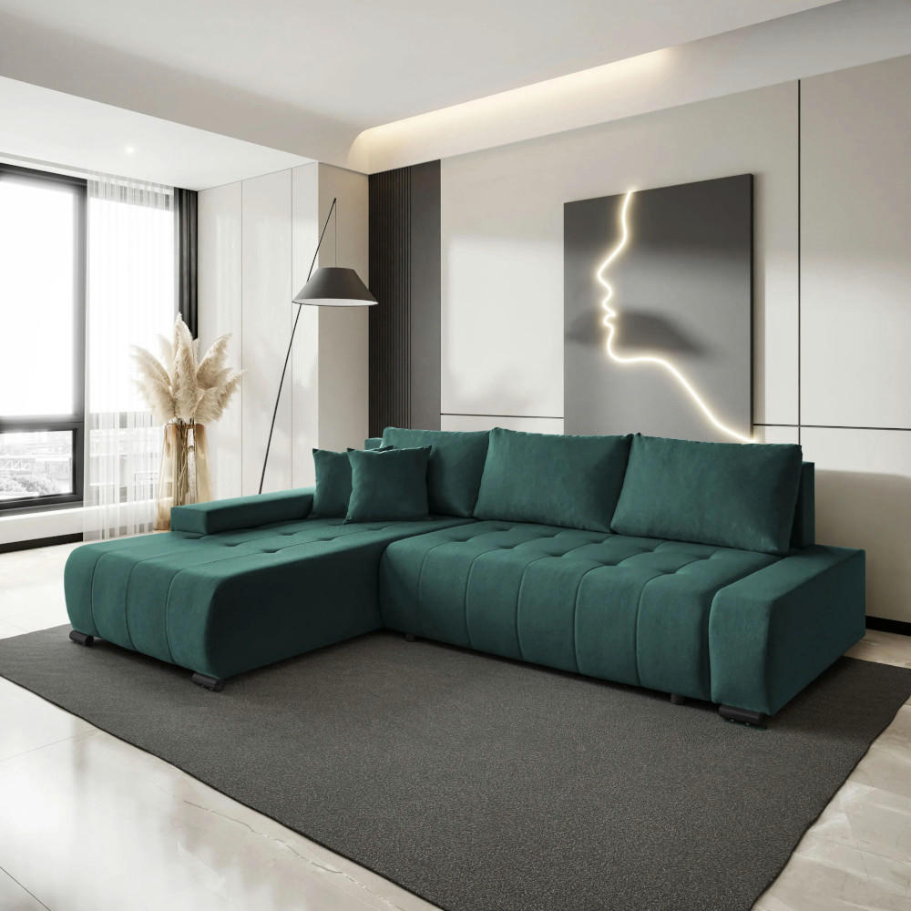 ECKSCHLAFSOFA Draco L Grün - Schwarz/Grün, Textil/Metall (268/183cm) - Beautysofa