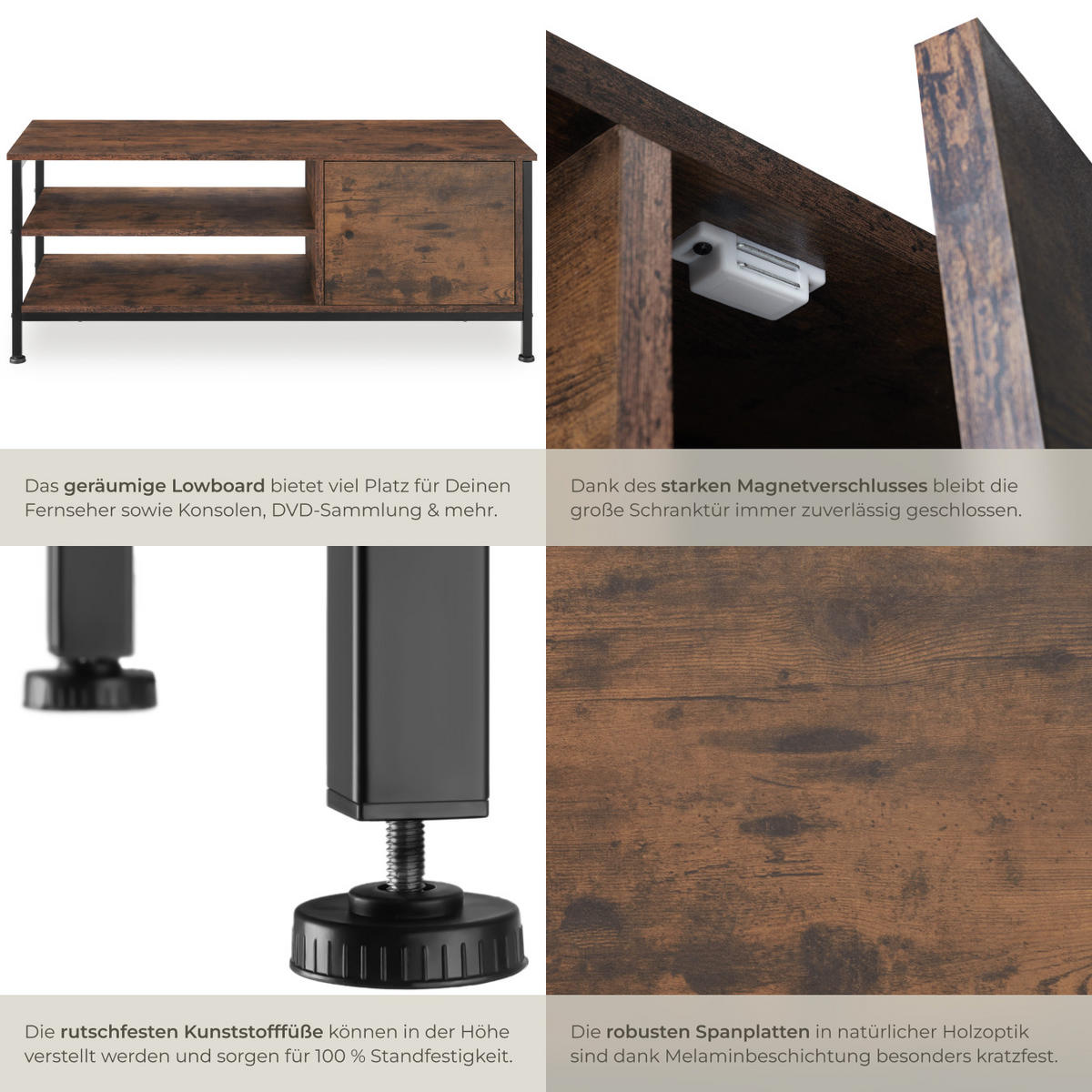 TV-REGAL Durban,110 x 40 x 45,5 cm,Industrial Holz dunkel, rustikal - Rostfarben, Holzwerkstoff (40/45.5/110cm) - tectake