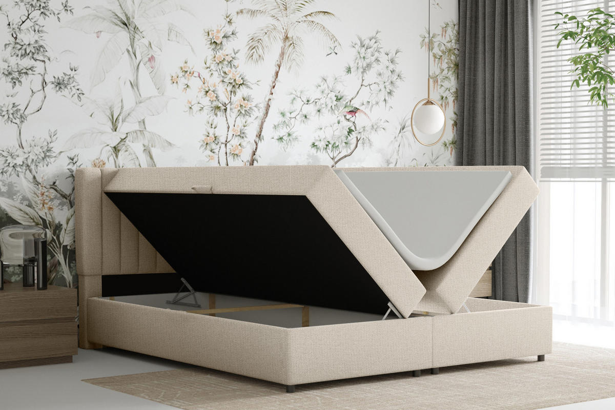 BOXBETT Everest beige 180 x 200 cm Doppelbett mit hochwertiger Bonell-Matratze und Topper - Creme, Holz (180/200cm) - Panda Möbel
