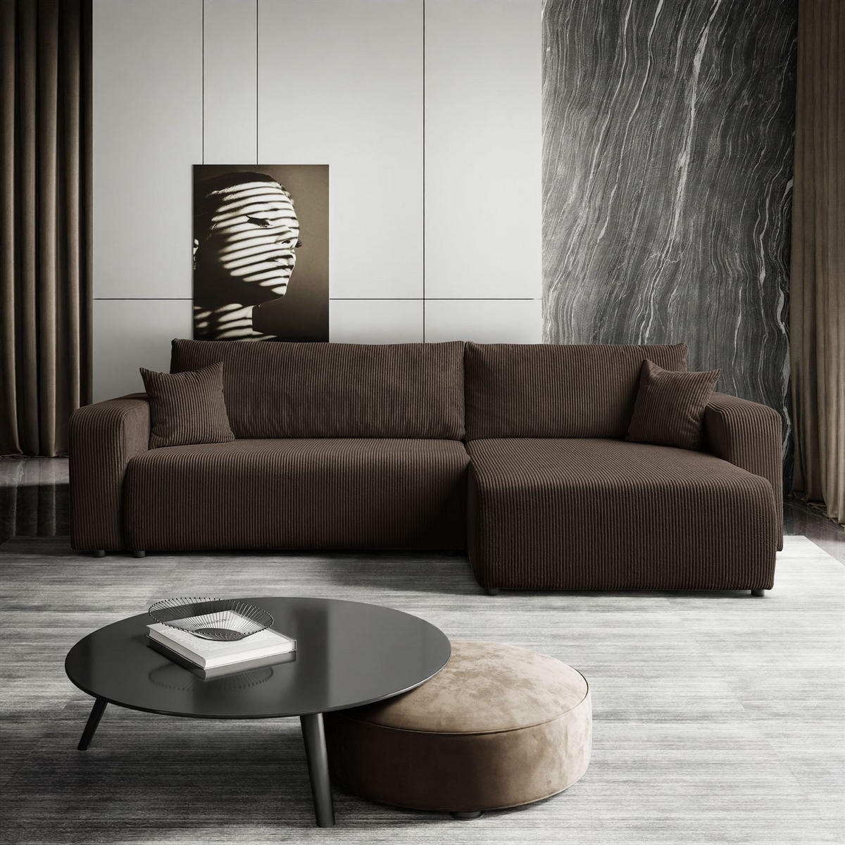 ECKSOFA Gepolstertes PRESTIGE XL mit Schlaffunktion und Bettkasten, Poso 06 - Braun, Textil (277/143cm) - Lookway