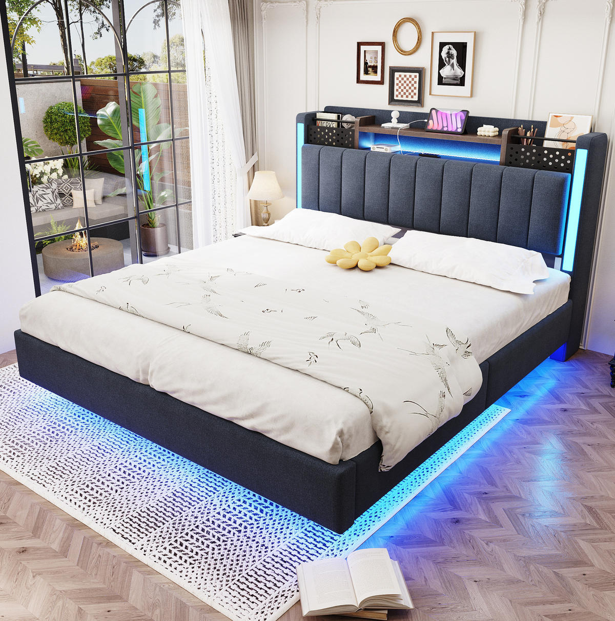 POLSTERBETT 140/200 cm mit LED-Beleuchtung, USB-Anschluss und Kopfteil mit Stauraum, Grau - Grau, Textil (140/200cm) - Redom