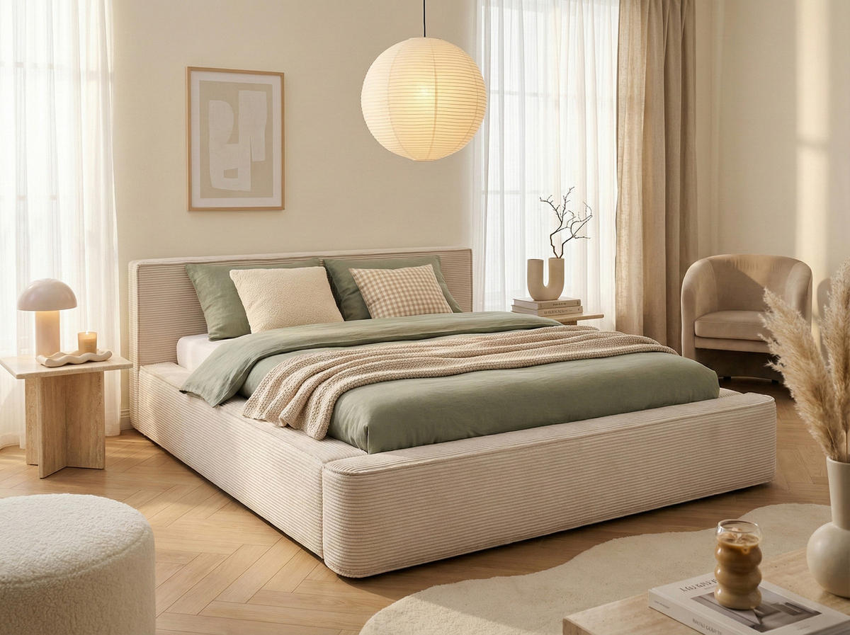 POLSTERBETT Fyn Hellbeige 180/200 cm Cordstoff mit Bettkasten - Beige, Textil/Metall (180/200cm) - wonello