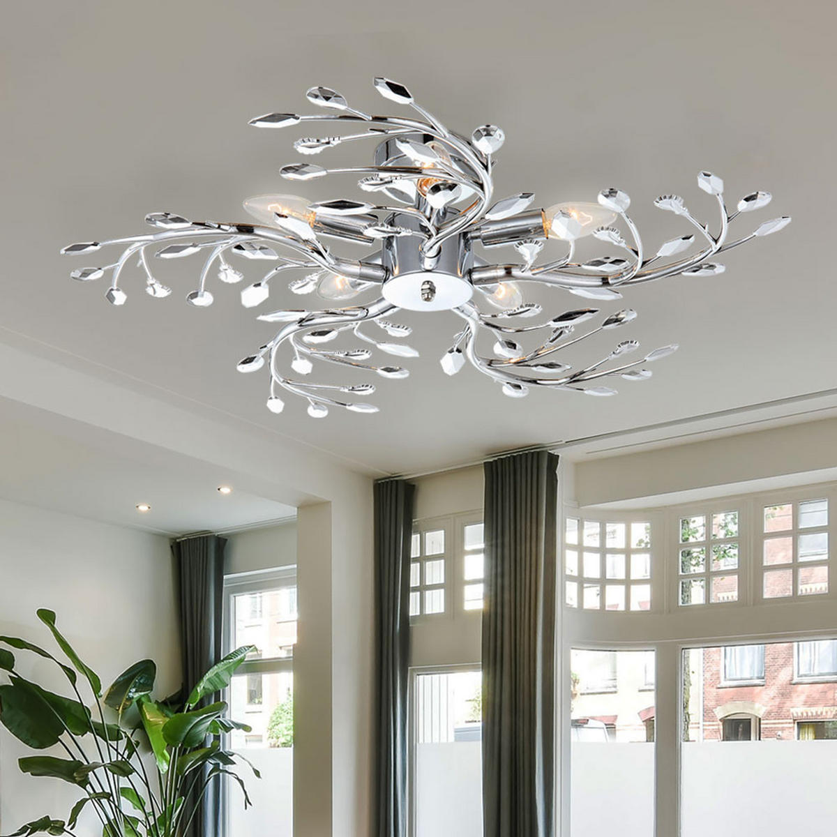 LED DECKENLEUCHTE Chrom Silber Blätter-Design - Silberfarben, Metall (65/65/16cm) - Globo Lighting