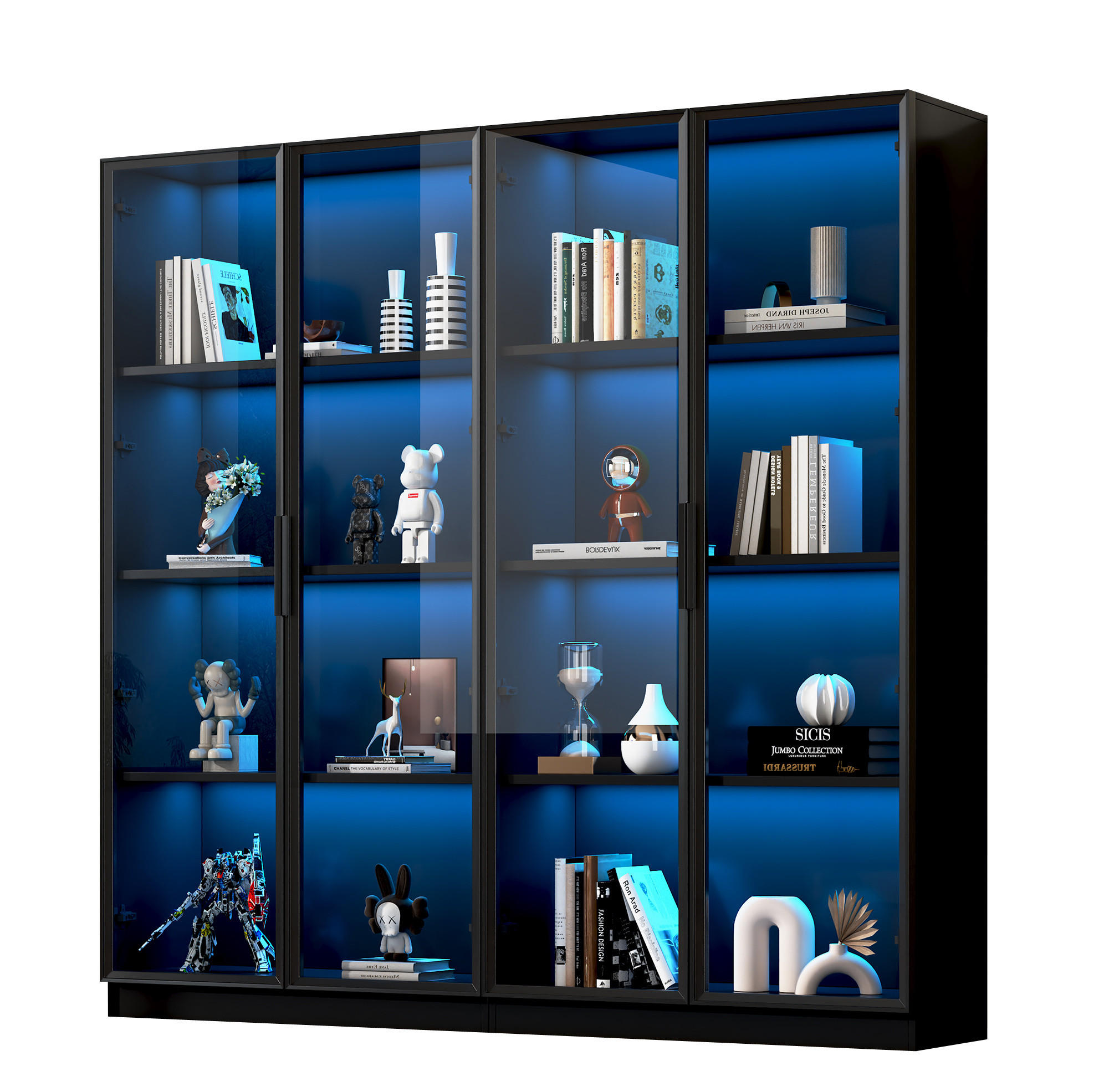 VITRINENSCHRANK mit LED-Beleuchtung 4-türig Schwarz mit Glastüren - Schwarz, Holzwerkstoff (40/160/160cm) - Beauniv