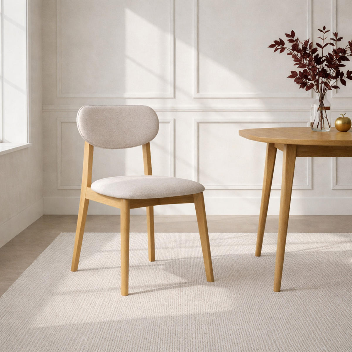 ESSZIMMERSTUHL Theo 2er Set, Natur Eiche + beiger Stoff - Creme, Holz (48.5/79/53.2cm) - WOODEK