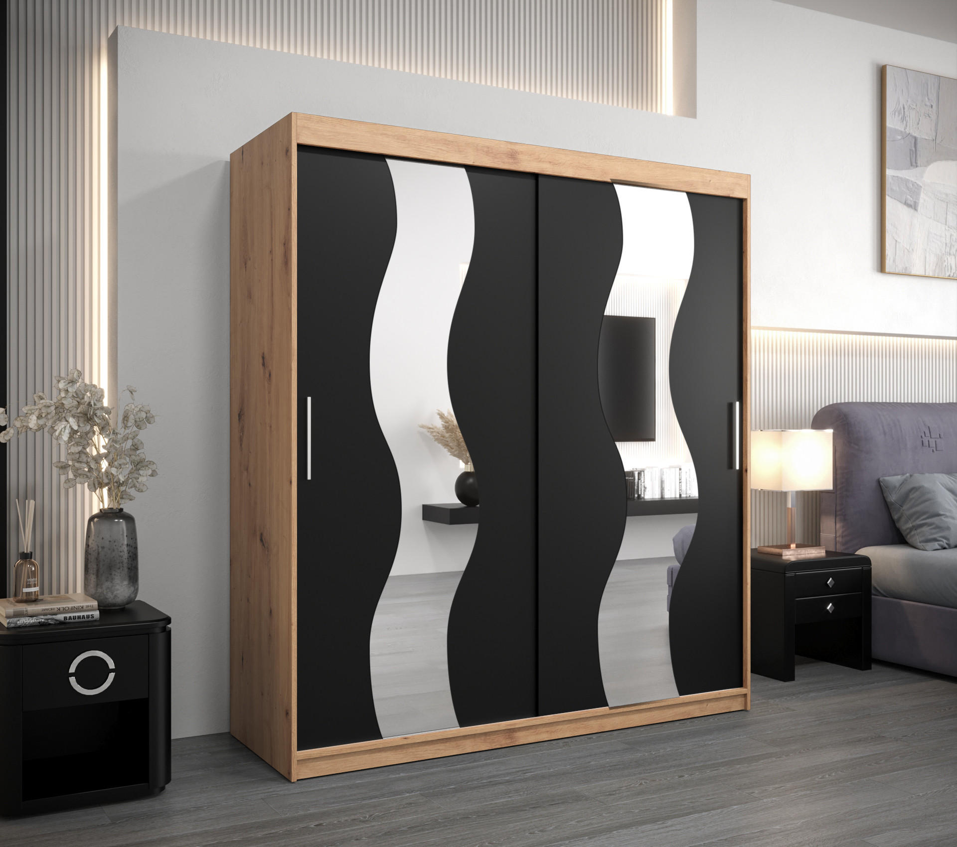 SCHWEBETÜRENSCHRANK 200/180/62 2-türig - Silberfarben/Schwarz, Holz/Kunststoff (180/200/62cm) - Abiks Möbel