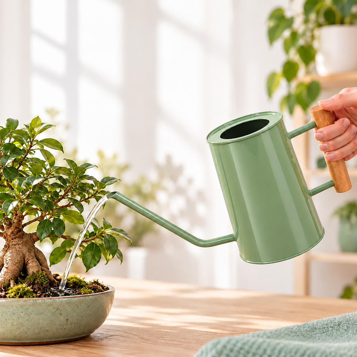GIESSKANNE Salbei Metall Holzgriff 1 l - Grün, Holz/Metall (11/17.5/27cm) - Relaxdays