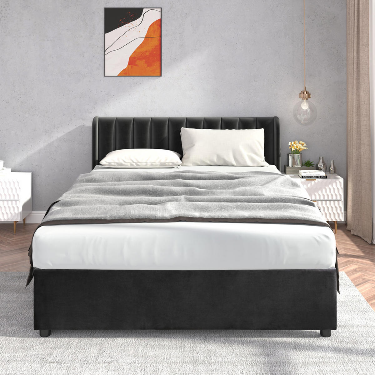 POLSTERBETT mit Schubladen Samt 140x200cm Schwarz Inklusive Lattenrost - Schwarz, Textil - Raelunyi