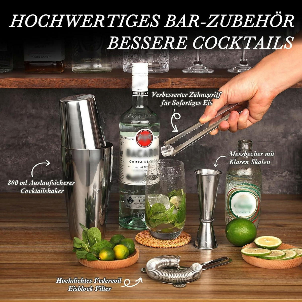 COCKTAIL Shaker Set 20-teilig Edelstahl 825 ml mit Ständer & Rezeptbuch - Silberfarben, Metall (15/15/25cm)