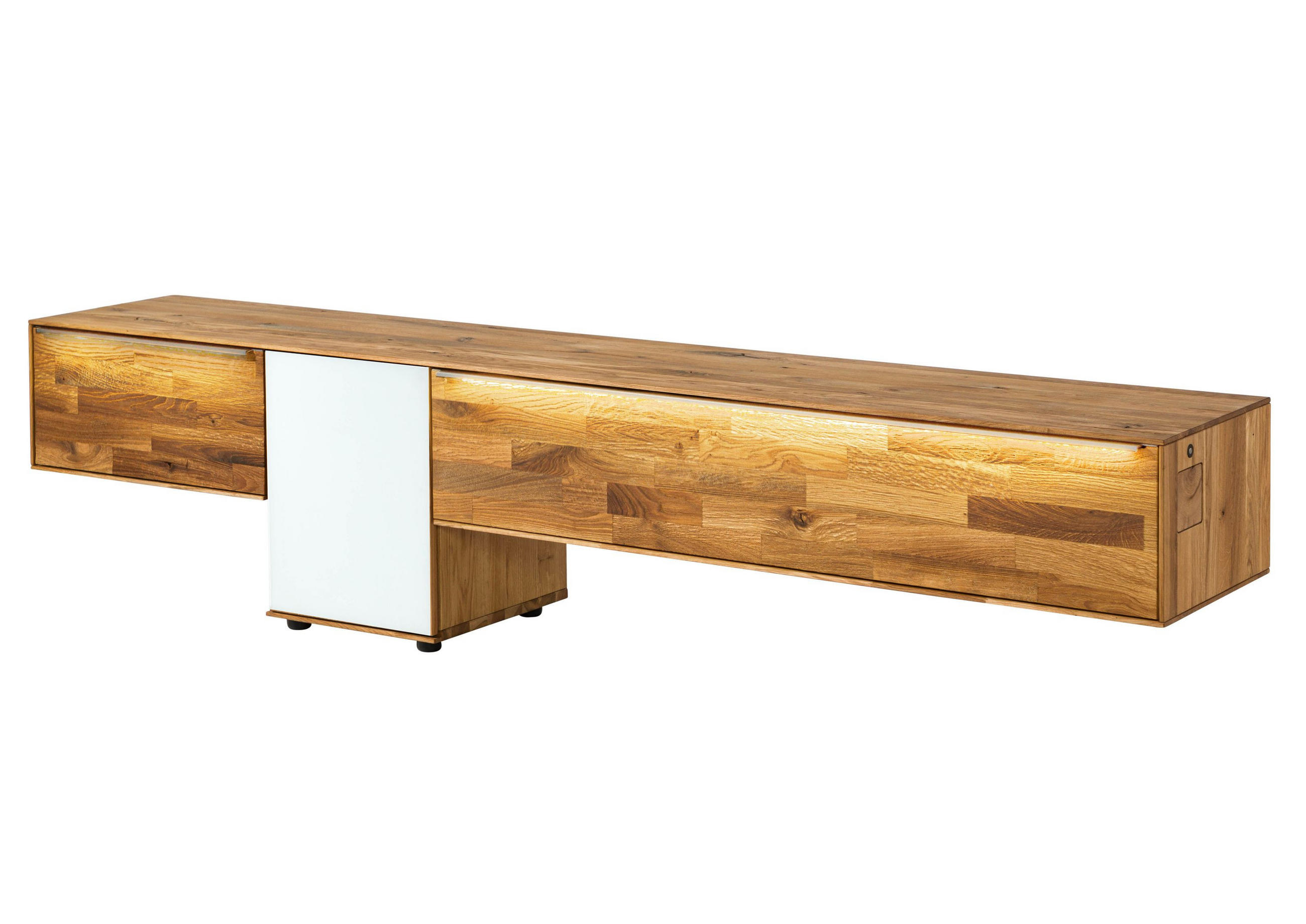 LOWBOARD Wildeiche 240x43x55 natur geölt / Glas weiß WIEN #108 - Naturfarben/Weiß, Holz (240/55/43cm) - Massivmoebel24