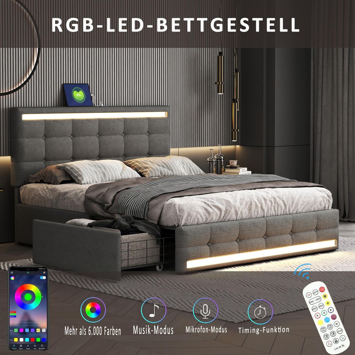 POLSTERBETT 140x200cm mit höhenverstellbarem Kopfteil und 4 Schubladen, LED und USB Sicherheitssteckdose, Leinen, Grau - Grau, Holz/Metall (140/200cm)