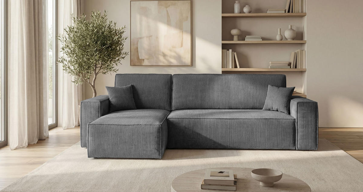 ROHOVÁ pohovka CALIFORNIA MINI levá tmavě šedá manšestr Poso 60 - funkce spaní, úložný prostor - antracitová, textil (245/140cm) - Cornero
