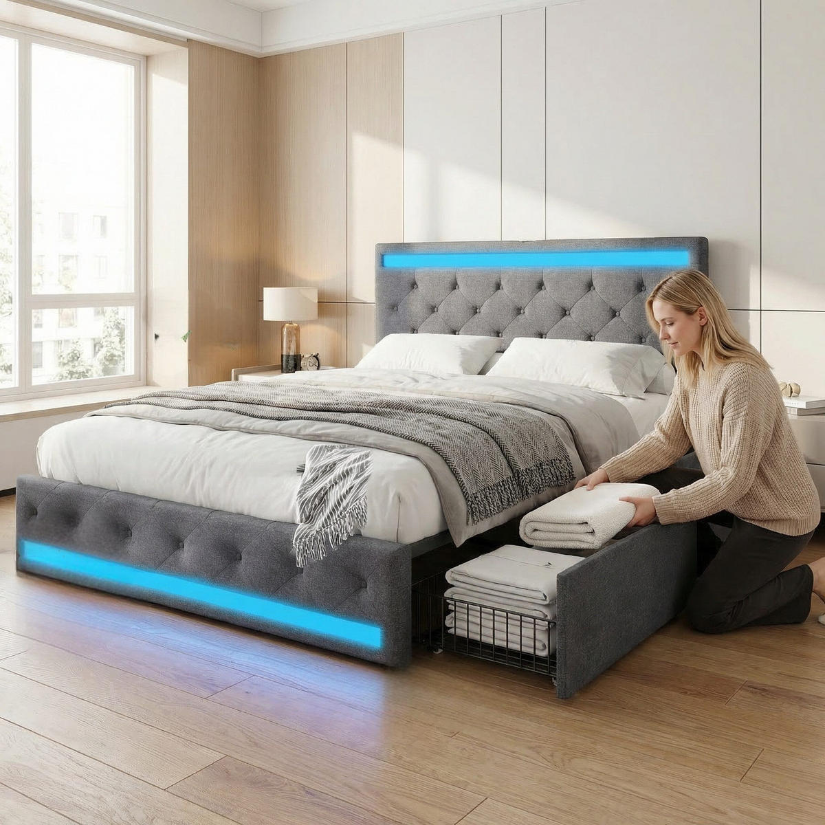 DOPPELBETT 160x200cm grau leinen led usb typ-c schubladen - Grau, Metall - SHOPENTRA