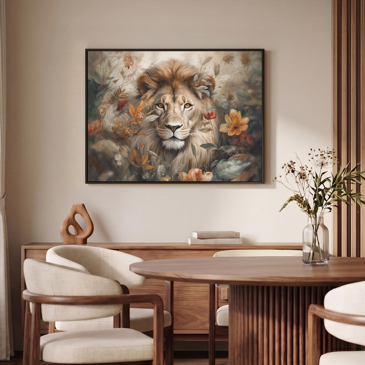 LEINWAND Bilder mit Rahmen - Löwe - Wildtiere - Pflanzen - Natur - Blumen - 100x70 - Beige, Textil (100/70cm) - MuchoWow