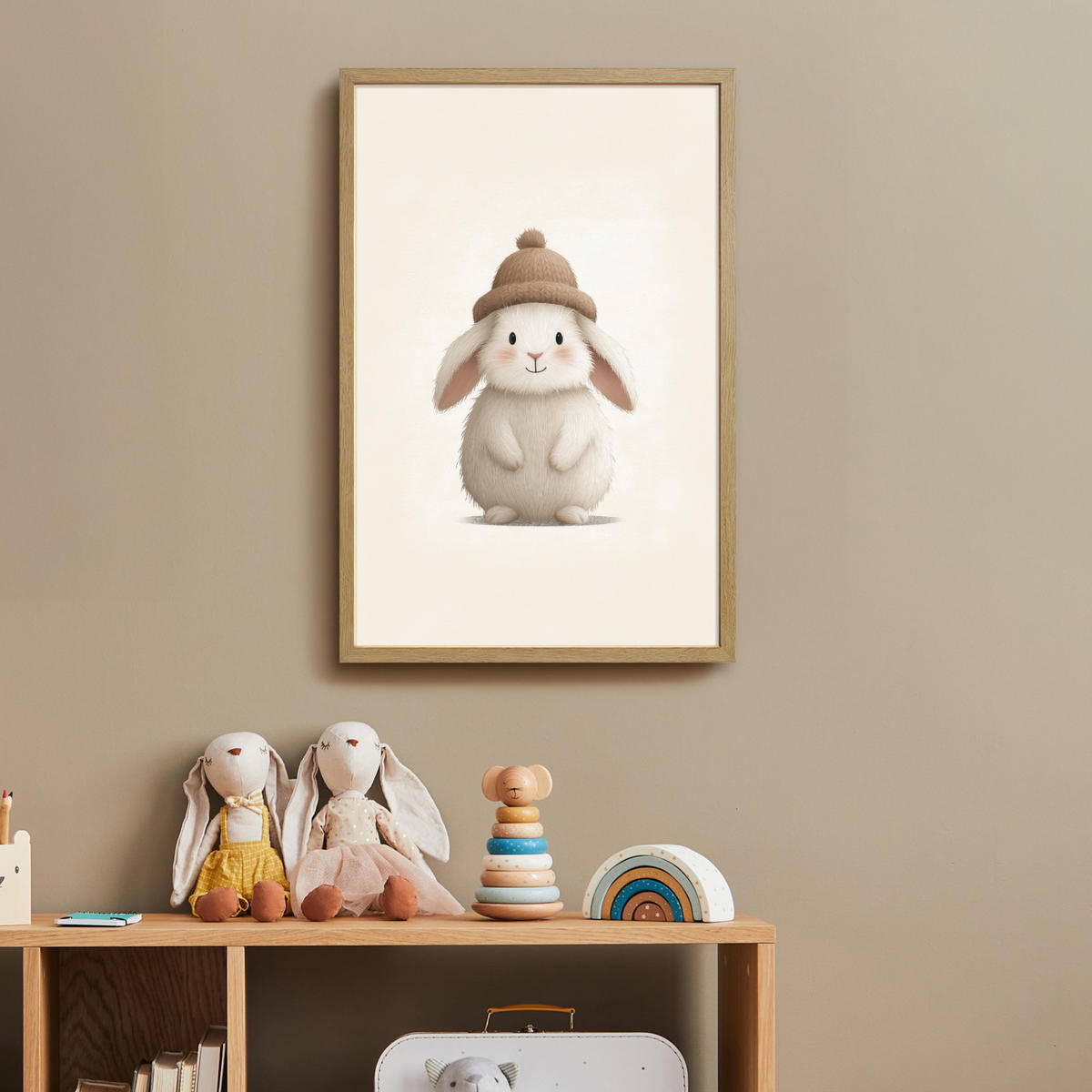 NÁSTĚNNÁ LAMPA S AKUMULÁTOREM Králík - Klobouk - Uši - béžový 40x60 cm - krémová, kompozitní dřevo (40/60/8cm) - OnlyWow