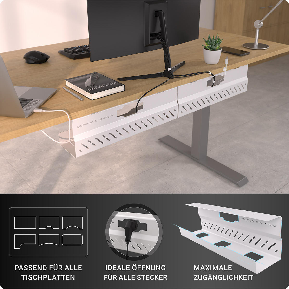 KABELKANAL Schreibtisch - Kabelmanagement Schreibtisch - Weiß, 2er-Set - Weiß, Metall (43/11/13cm) - Ultimate Setup