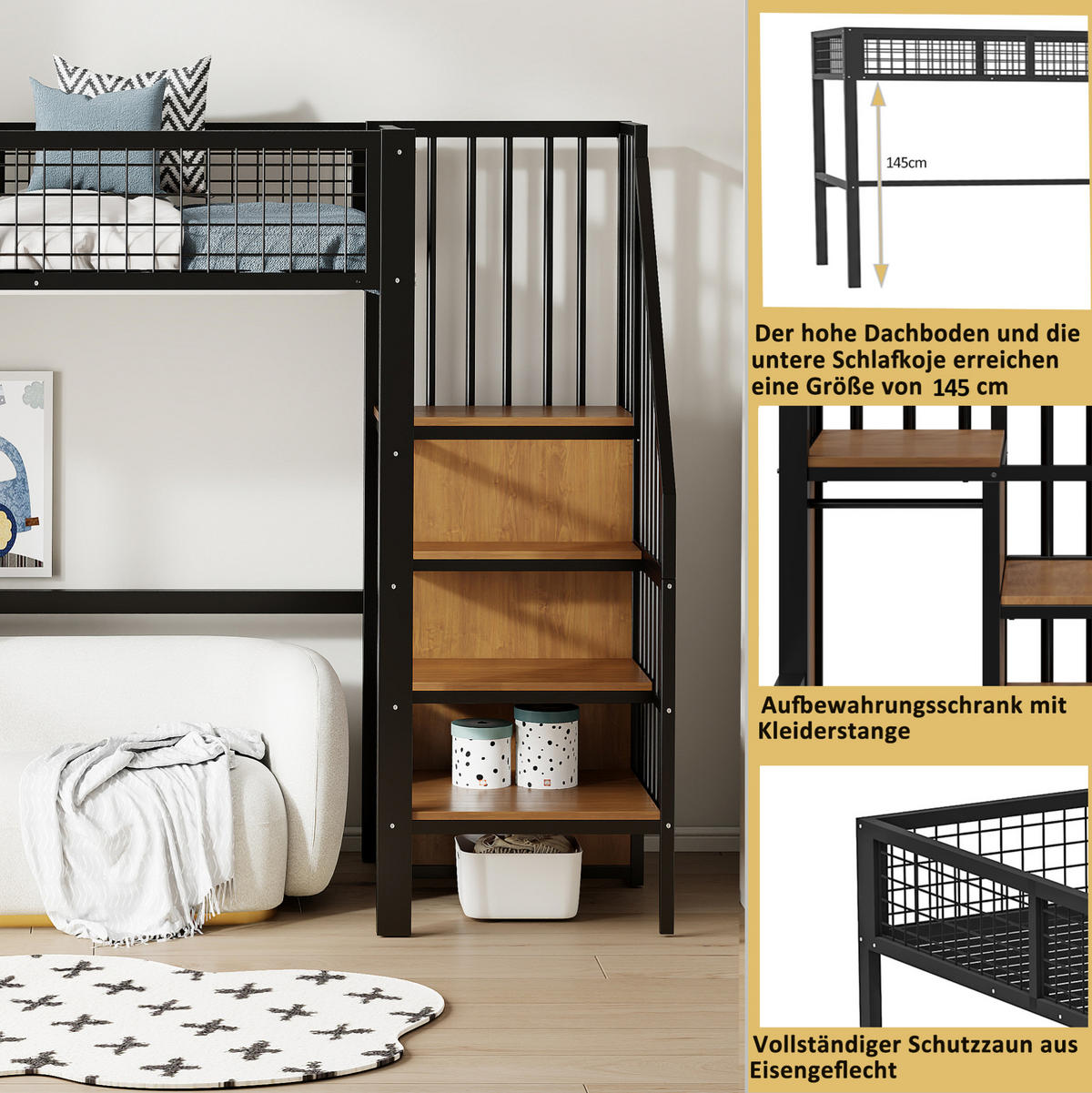 HOCHBETT 90/200 cm mit Leiter, Kleiderschrank und Regal, Metall, Schwarz - Schwarz, Metall (90/200cm) - Redom