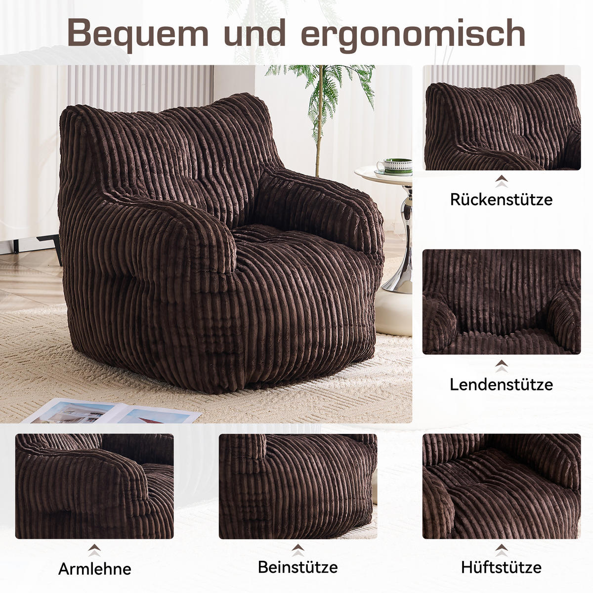 SITZSACK Cord Braun - Braun, Textil (100/70/94cm) - WISHDOR