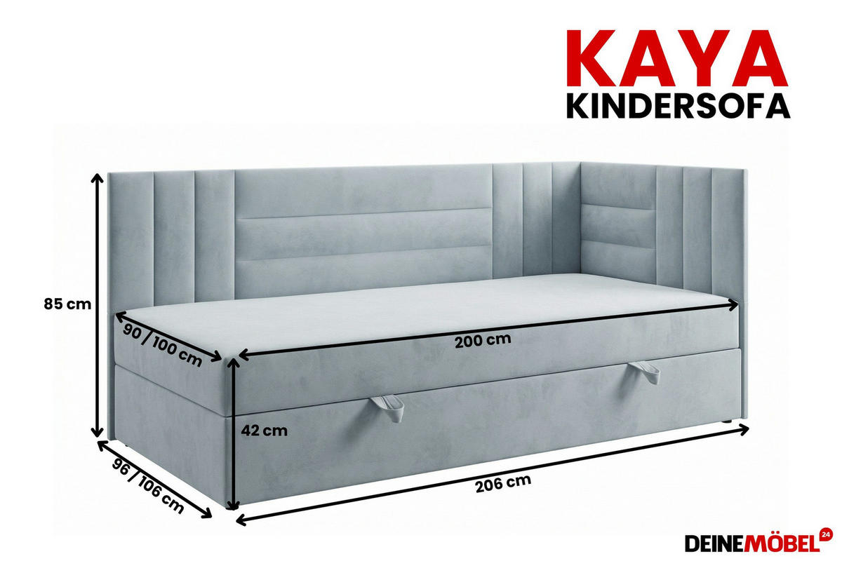 BOXBETT KAYA 100/200 in Velours Hellgrau H3 rechts - Hellgrau, Holz/Holzwerkstoff (100/200cm) - Deine Möbel 24