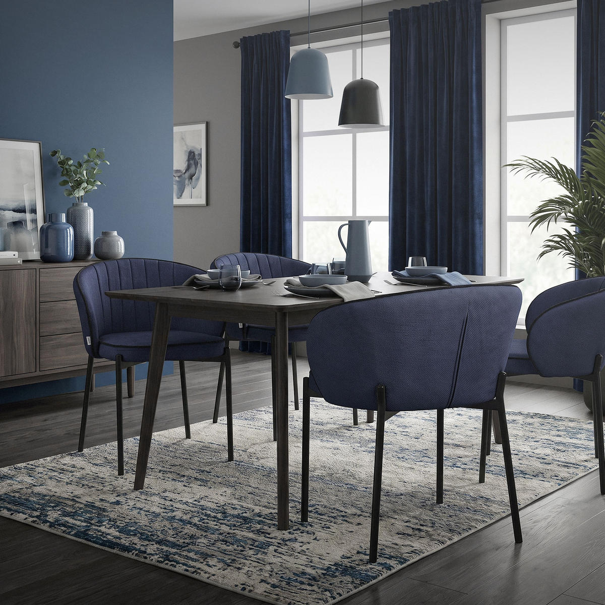 ESSZIMMERSTÜHLE 2er Set Dunkelblau - Schwarz/Dunkelblau, Textil/Metall (60/75/59cm) - ML-DESIGN