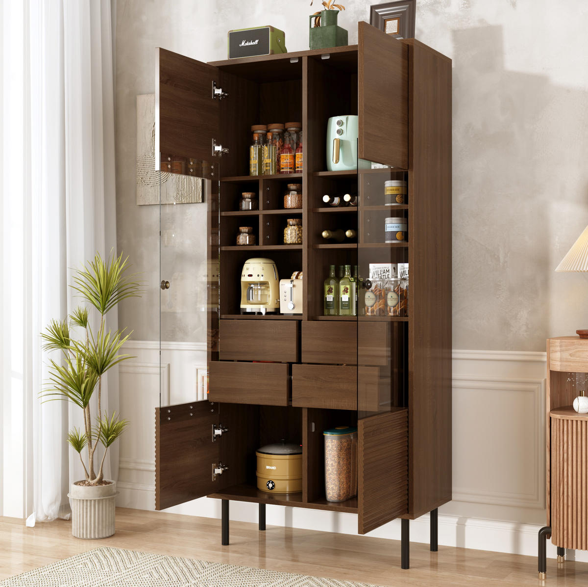 VITRINE 75.5x35x164.5cm in Holz mit Glasfront & Schubladen - Walnussfarben, Holzwerkstoff (75.5/164.5/35cm) - Modfu