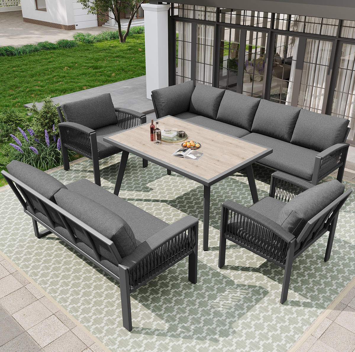 VRTNI lounge set za 8 osoba 234/69/86 cm sivi od metala, poliestera i drva s užetom i podesivim nogicama - siva, metal - OKWISH