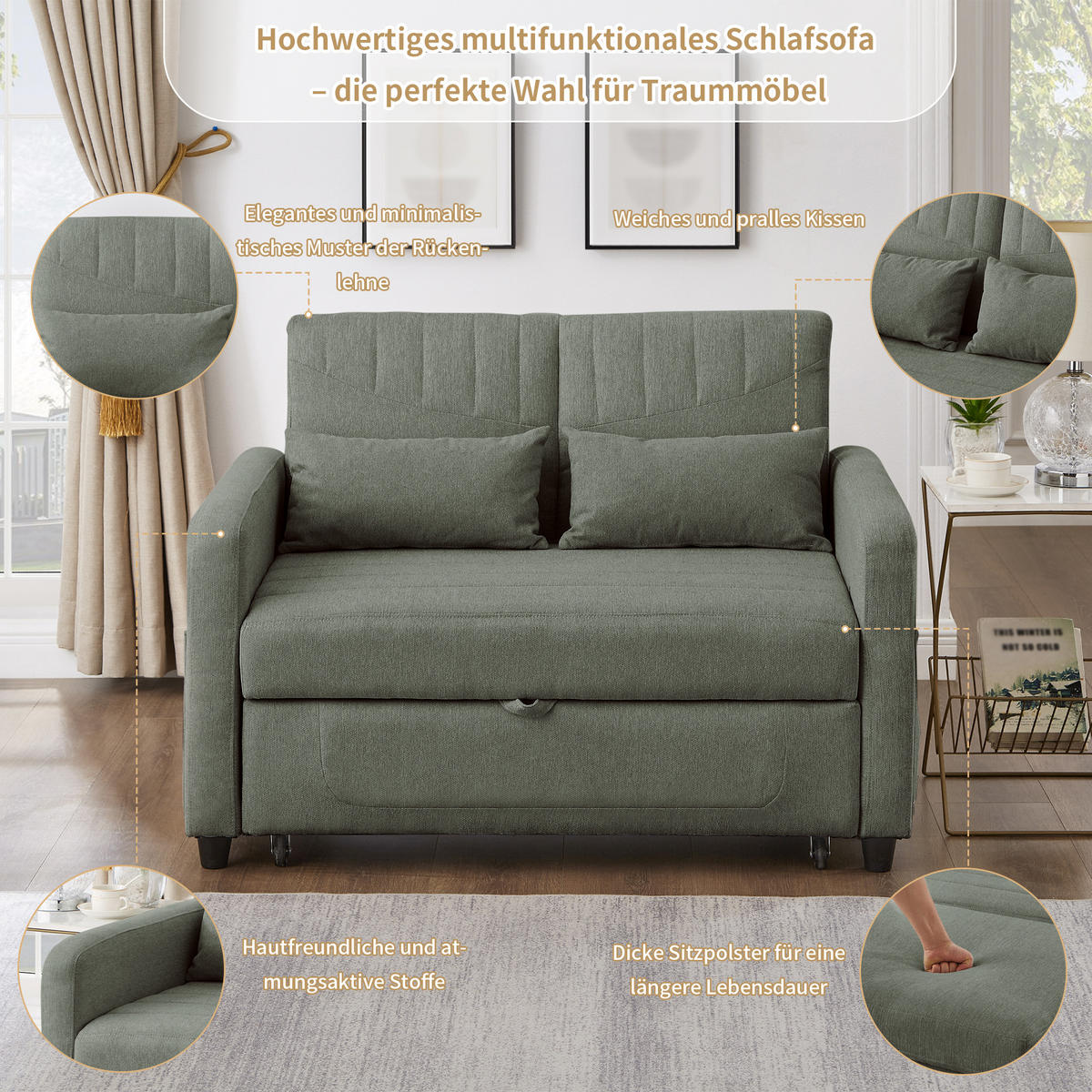 SOFABETT Baumwoll-Leinen mit ausziehbarer Schlaffunktion Olivgrün 114/77/82,5 cm - Olivgrün, Textil (77/82.5/114cm) - Redom