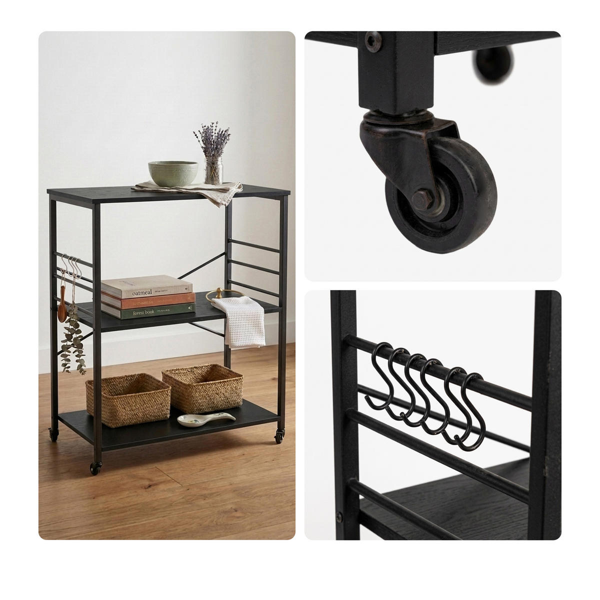 VOZIČEK za postrežbo - črna, kovina/leseni material (80/89/40cm) - Relaxdays