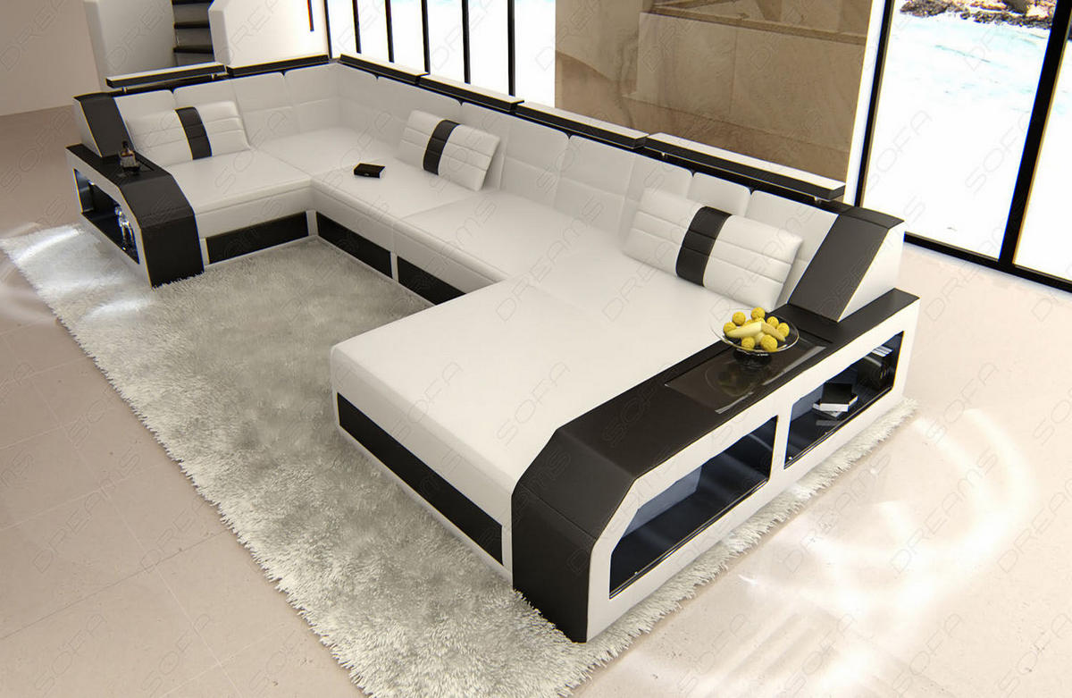 WOHNLANDSCHAFT Arezzo U - Schwarz/Weiß, Leder (380/86/197cm) - Sofa Dreams