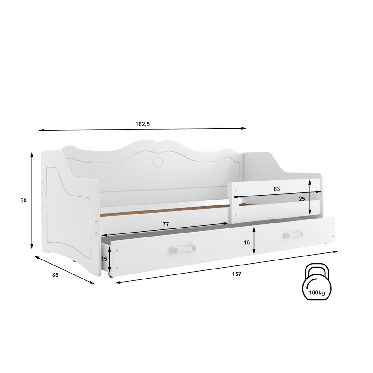 KINDERBETT Julia 160x80cm mit Schublade und Lattenrost - Weiß, Holzwerkstoff (80/160cm) - Interbeds