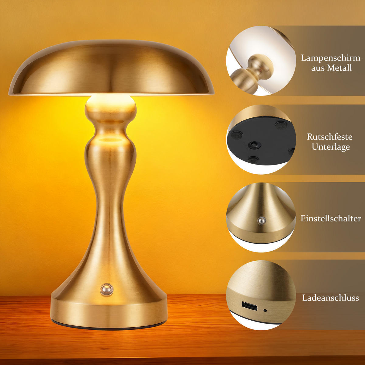 LED stolní lampa, rozměry 15,5/15,5/22 cm - zlatá, kov (15.5/15.5/22cm) - Nettlife