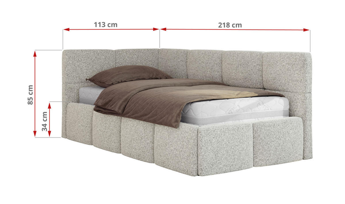 JUGENDBETT ARVO 90/200 - Hellgrau Strukture - Foam-Matratze - Rechts Seite - Hellgrau, Textil (90/200cm) - MKS