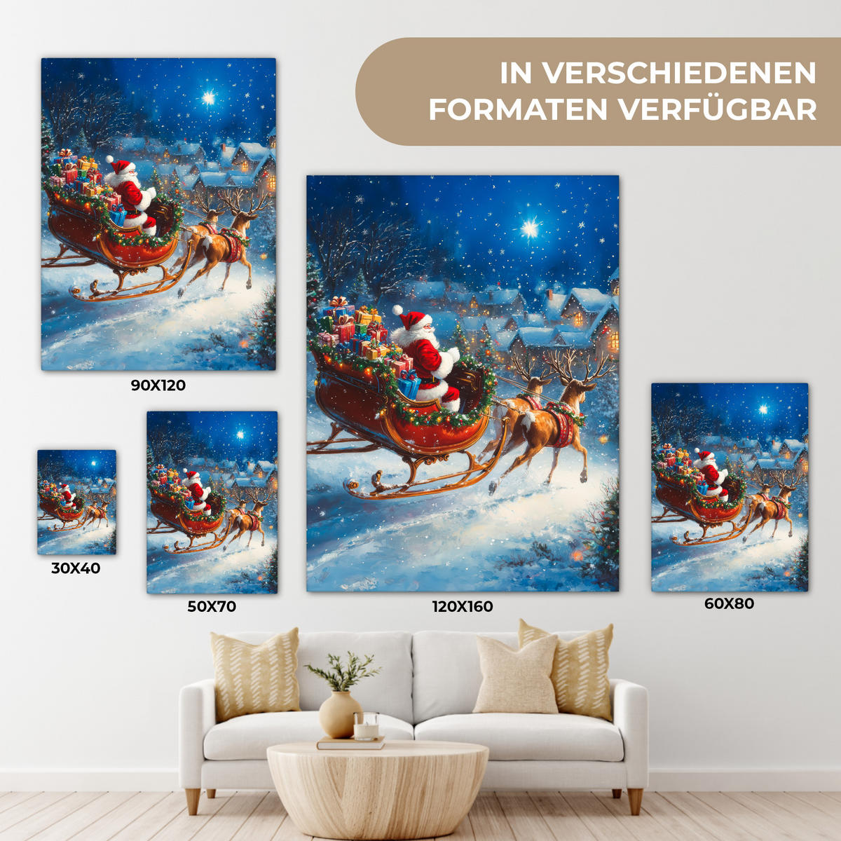 LEINWANDBILD Weihnachtsmann - Rentier - Weihnachten - Schnee 30x40 cm - Cognac, Textil (30/40cm) - MuchoWow