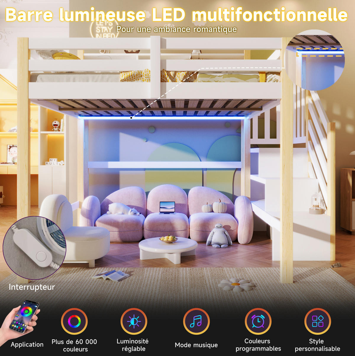HOCHBETT 140/200 cm Weiß/Natur mit LED und Stauraum ohne Matratze - Weiß, Holz (140/200cm) - MIVRAY
