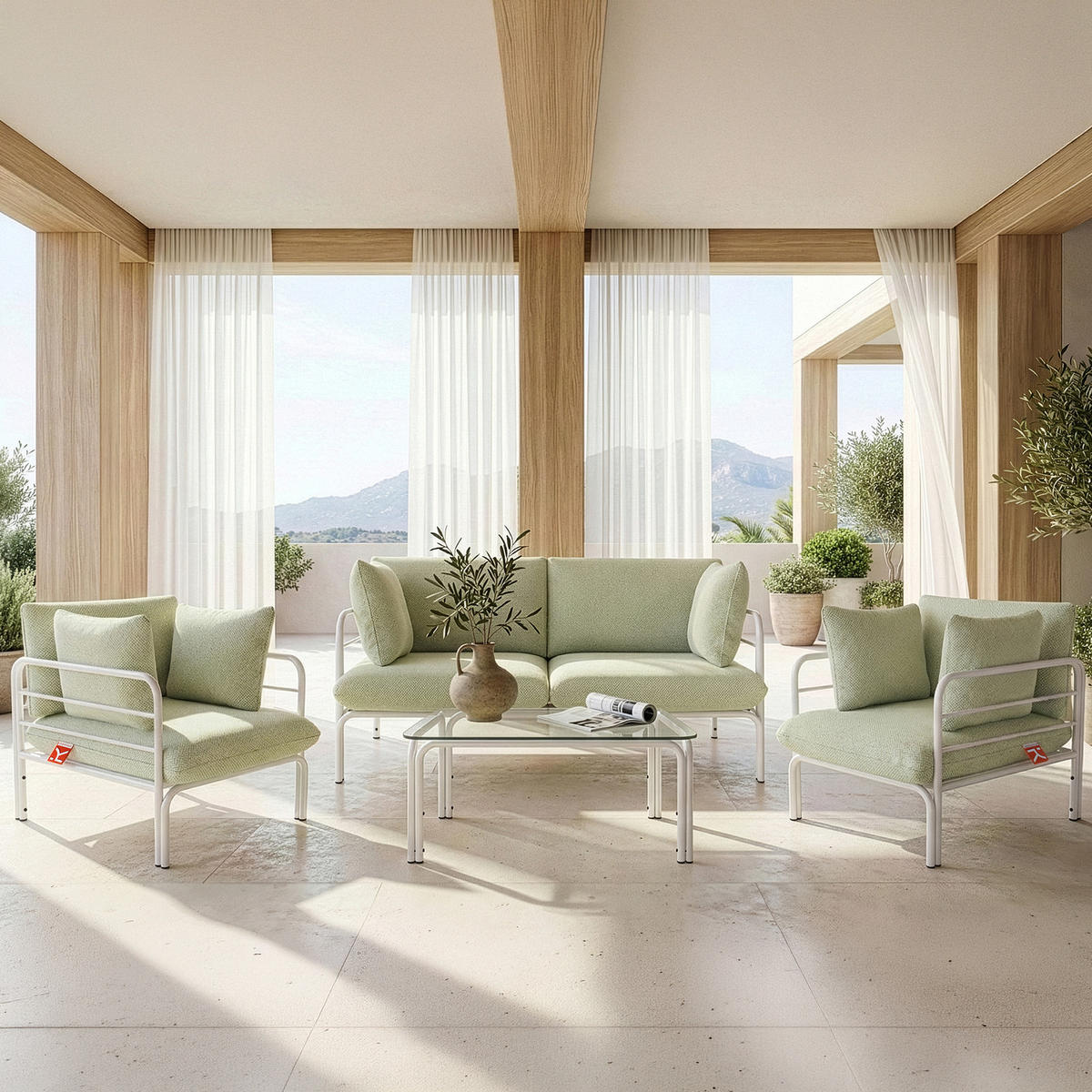 GARTENSOFA RAMBE 2-Personen mit Kissen, Weiß - Weiß/Hellgrün, Textil/Metall (150/80/80cm) - KONSIMO®