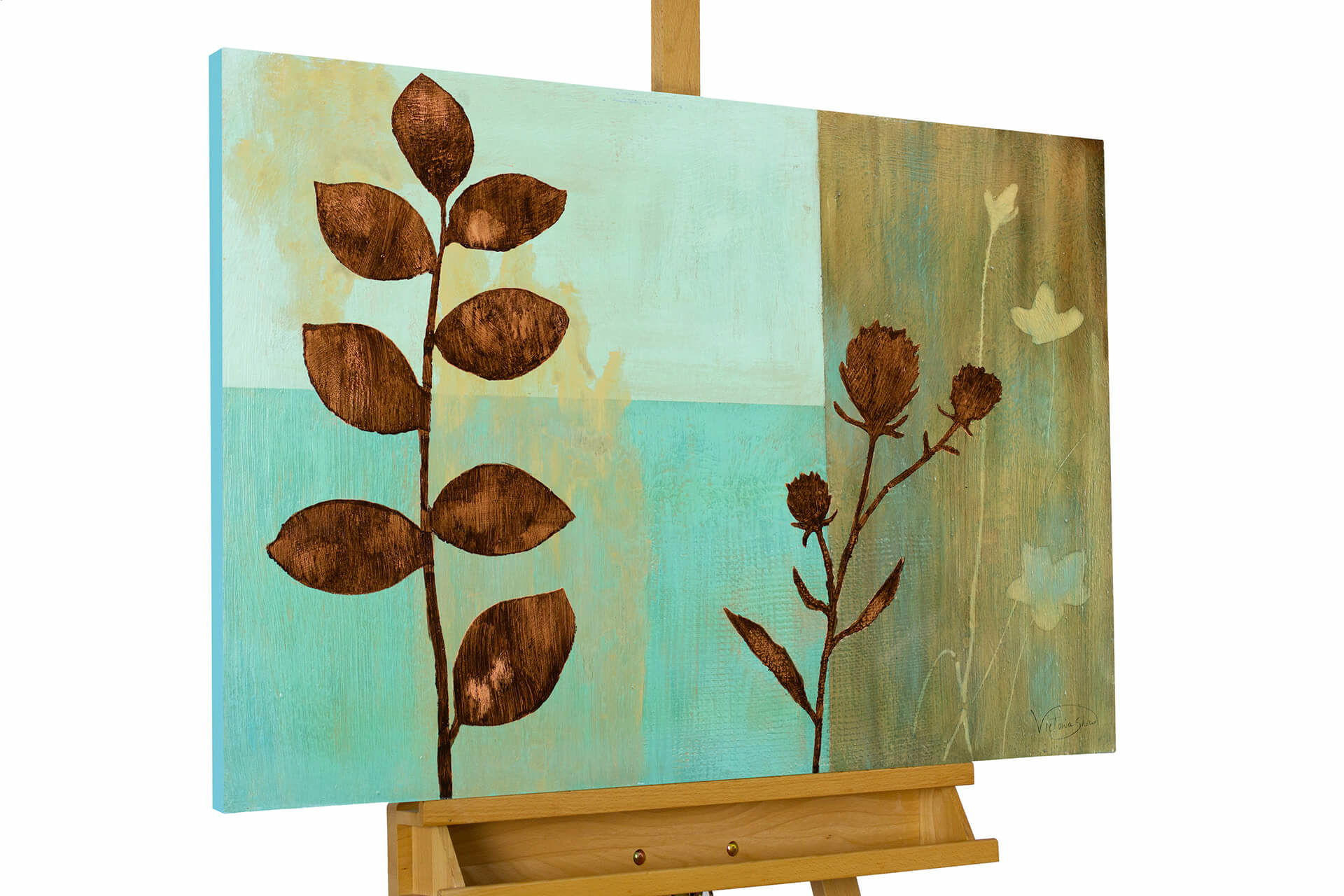 ACRYLBILD HANDGEMALT 80/60 cm - Türkis/Braun, Holz/Textil (1.4/60cm) - KUNSTLOFT