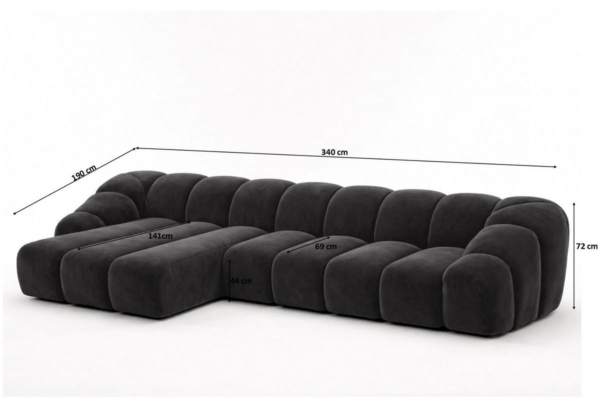 ECKSOFA Modulare L-Form, Veloursstoff Bluvel, Schwarz, Links, CROISSANT XL - Schwarz, Holz (340/190cm) - Kaiser Möbel