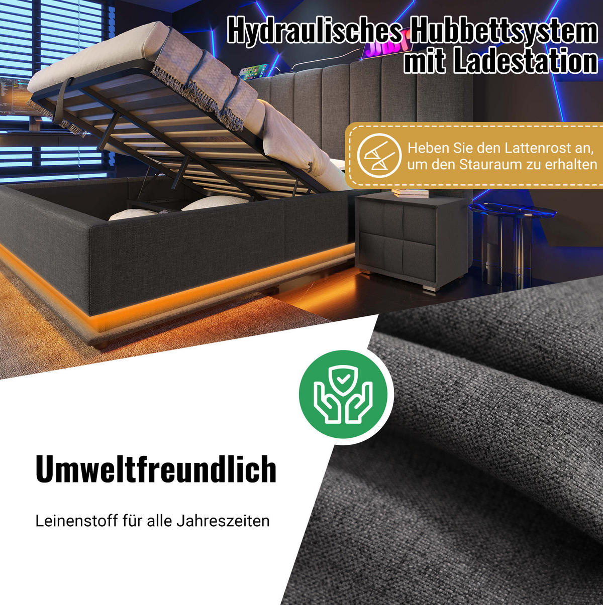 POLSTERBETT mit Stauraum 160x200 cm Leinen Grau mit LED - Grau, Metall (160/200cm) - Meubliv