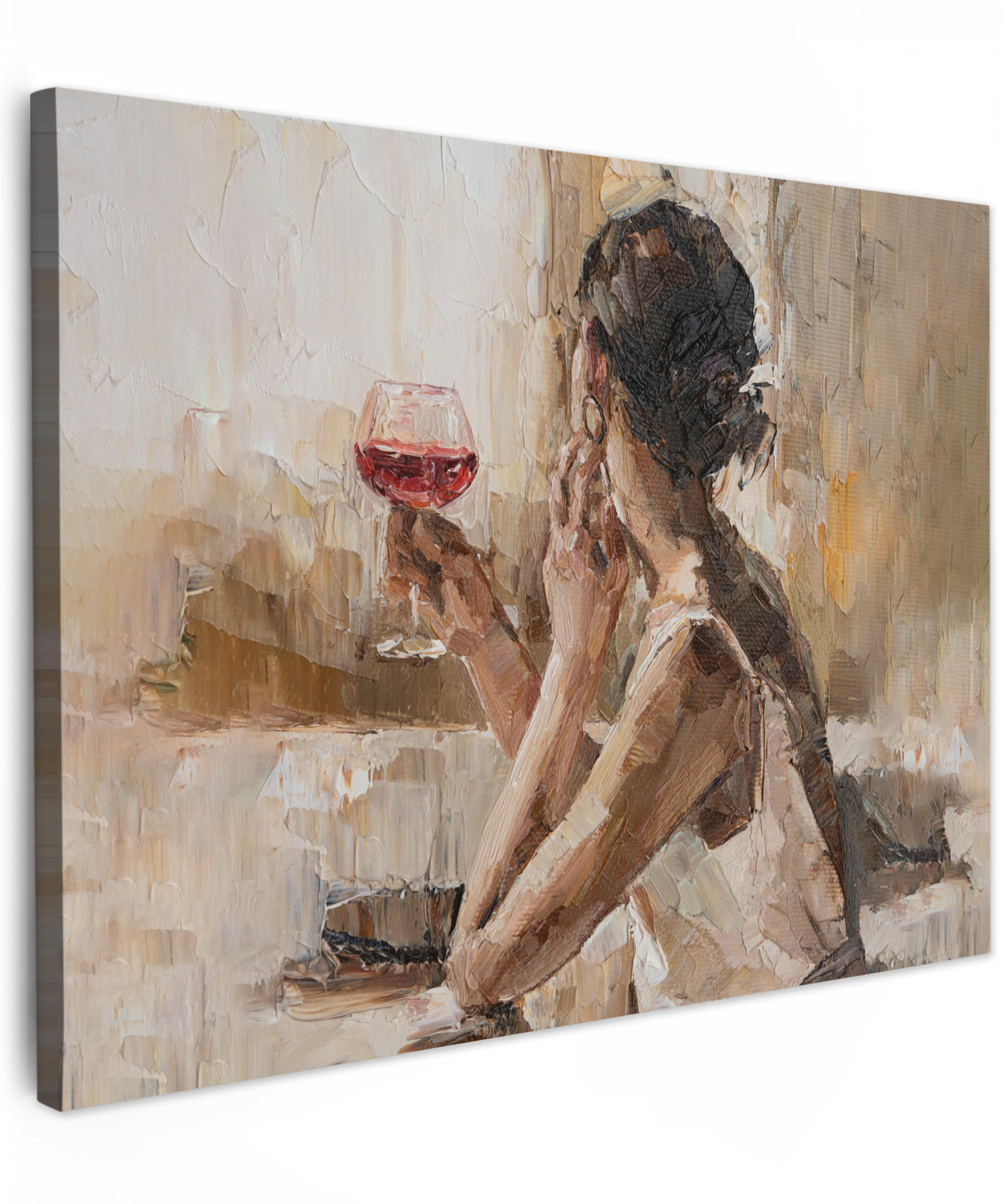LEINWANDBILD Ölgemälde - Frau - Wein Wandbilder 80x60 cm - Hellbraun, Textil (80/60cm) - MuchoWow