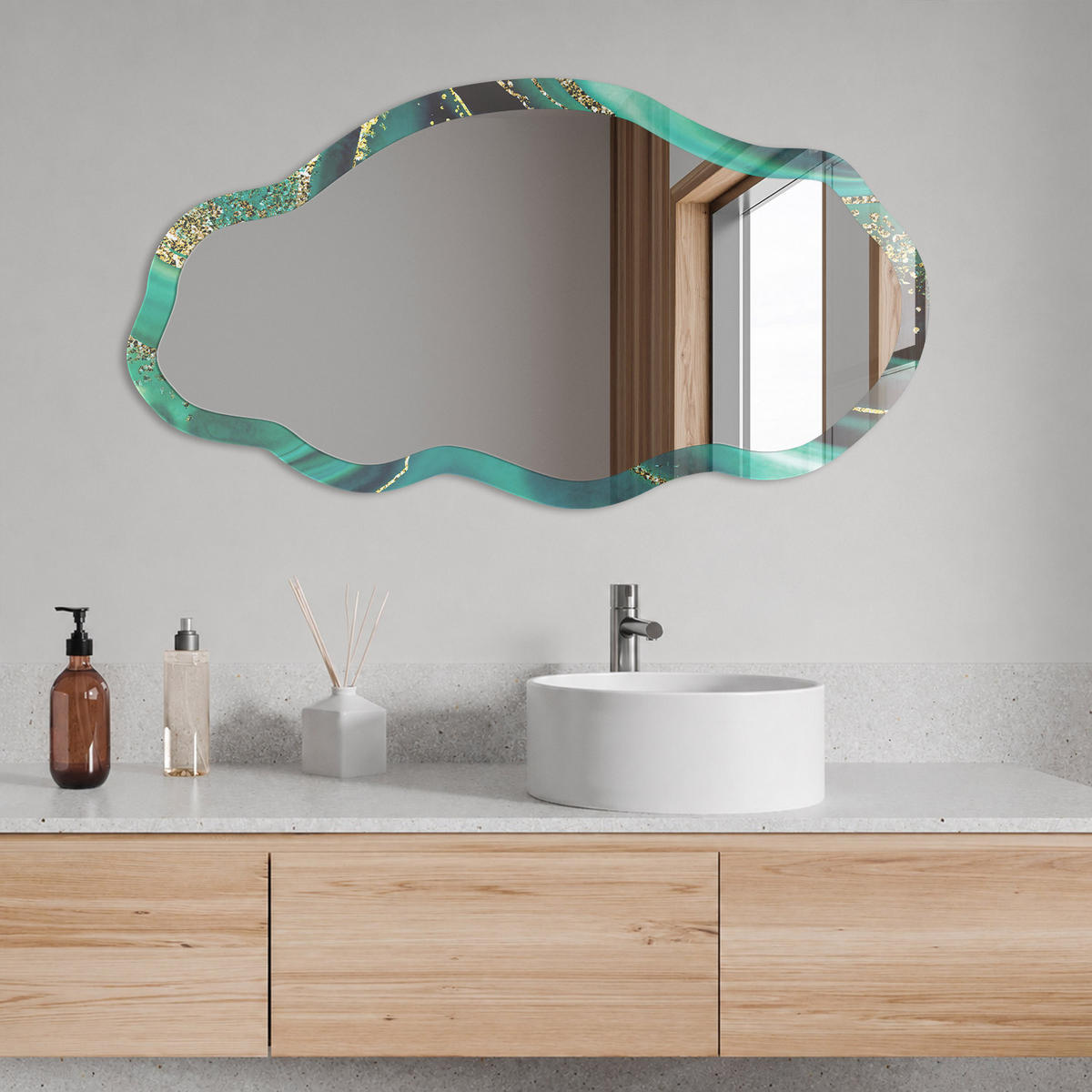 SPIEGEL 90x45 cm asymmetrisch mit Druck - Grüne Abstraktion - Transparent, Glas (45/90/0.4cm) - TULUP
