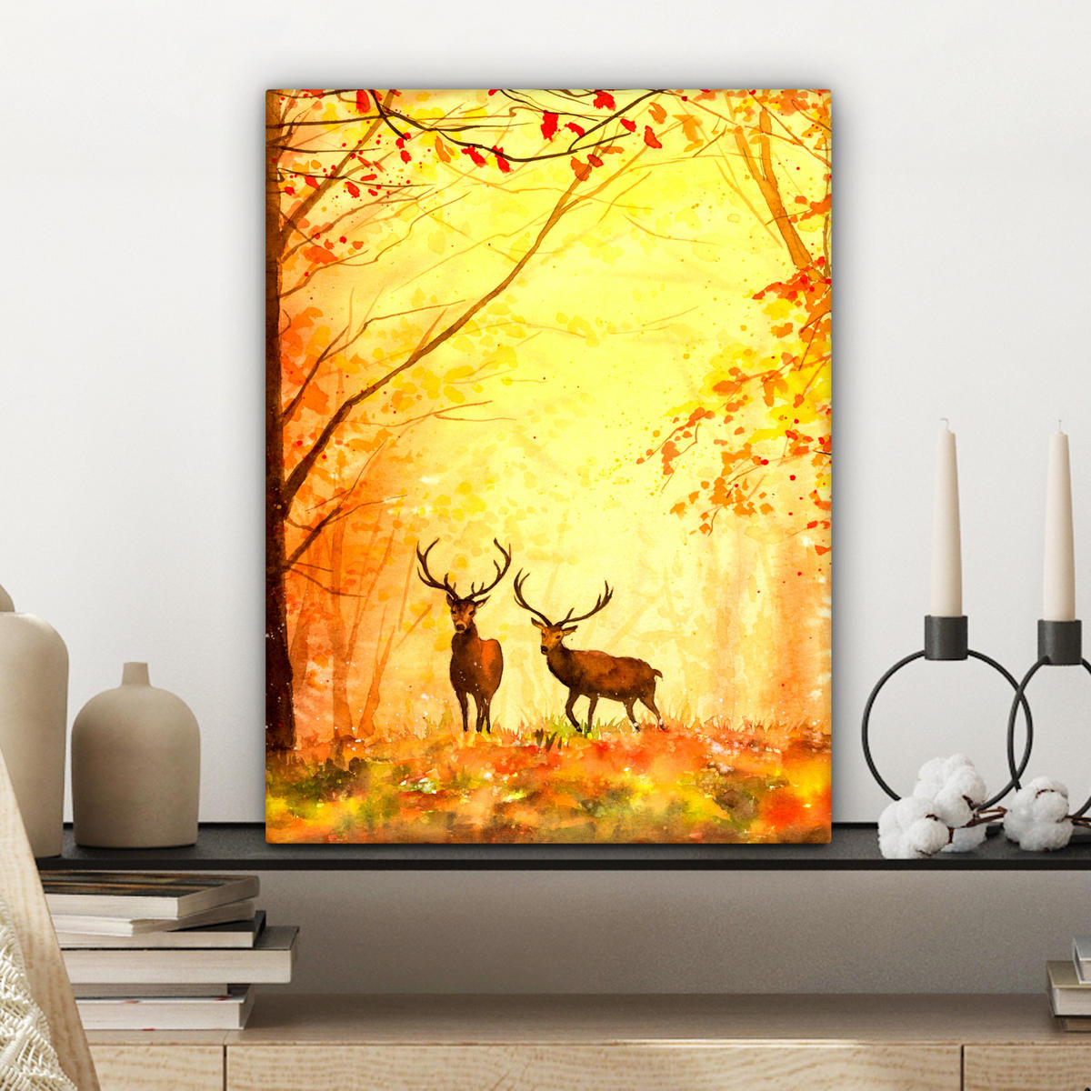LEINWANDBILD Natur - Ölfarbe - Hirsche - Tiere - Herbst - Orange 30x40 cm - Orange, Textil (30/40cm) - MuchoWow