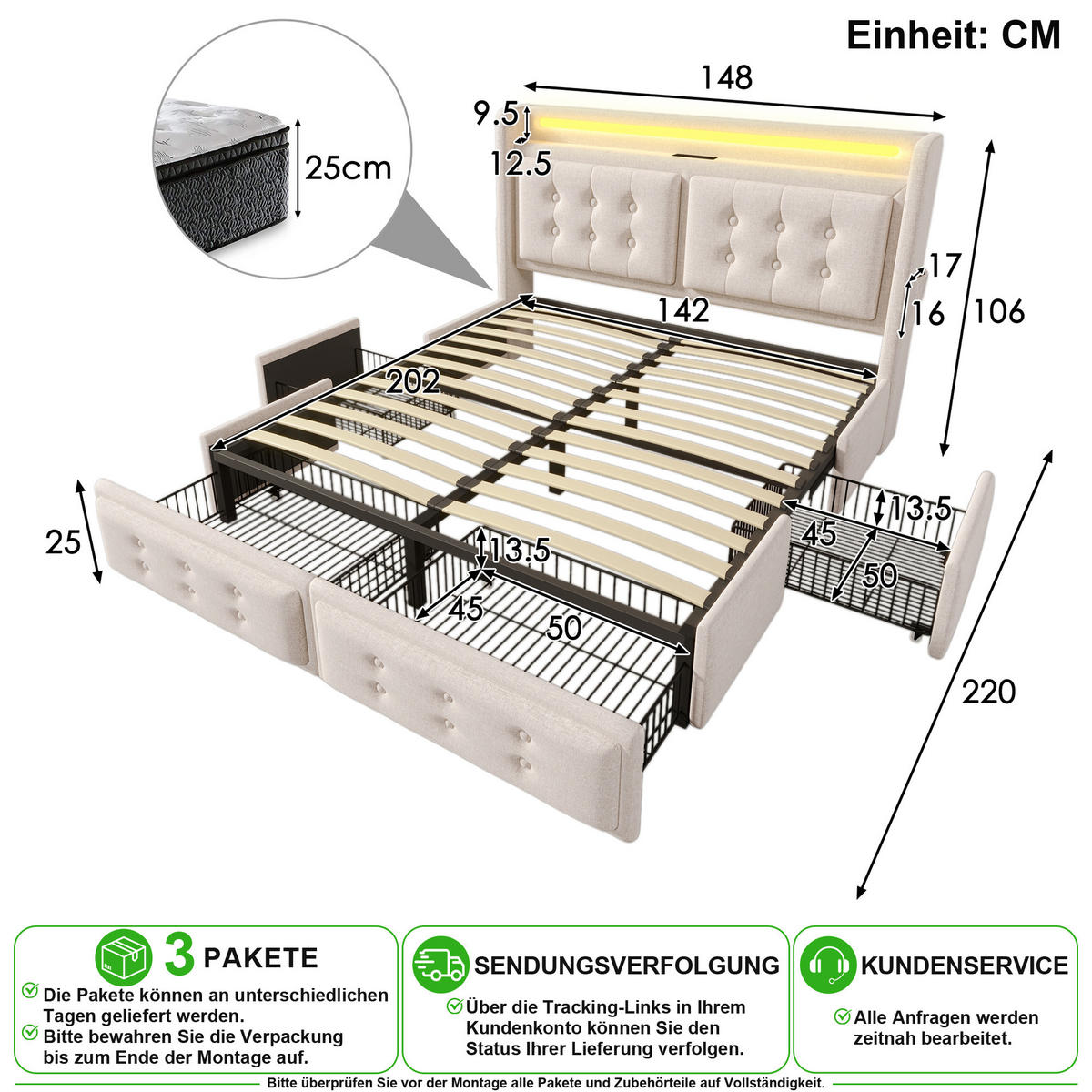 POLSTERBETT 140/200 cm in Beige mit 4 Schubladen, LED, USB und Matratze Stoff - Beige, Holzwerkstoff/Textil (140/200cm) - CHICFURN