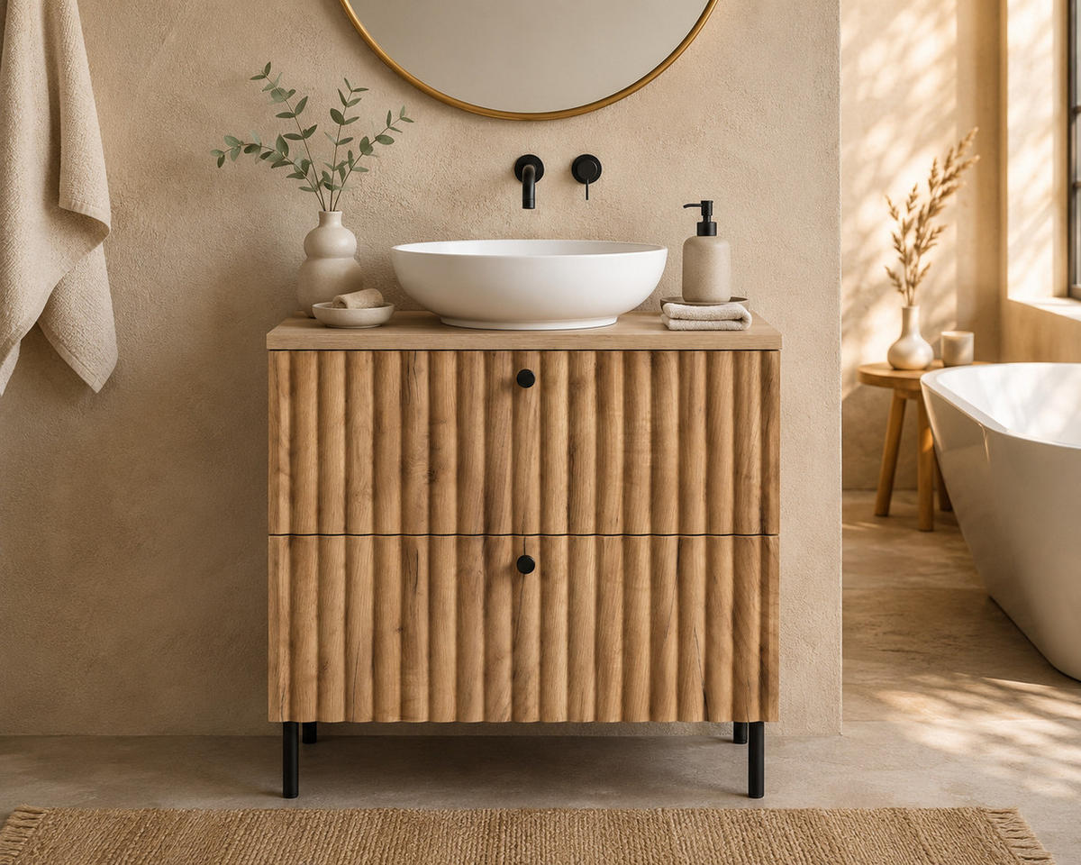 BADEZIMMERSCHRANK: Craft Eiche Gold / Platte Schwarz / Griffe Schwarz / Beine Schwarz, 60 x 44,4 x 73,6 cm - Eichefarben/Schwarz, Holzwerkstoff (60/73.6/44.4cm) - 3XE LIVING