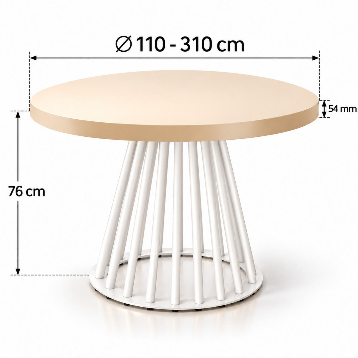 ESSTISCH rund ausziehbar 110/310/76 cm, Kaschmir, 54 cm Tischplatte + Lamellen-Metallgestell Weiß - Kaschmir/Weiß, Holzwerkstoff/Metall (110/310/76cm) - Damale Möbel