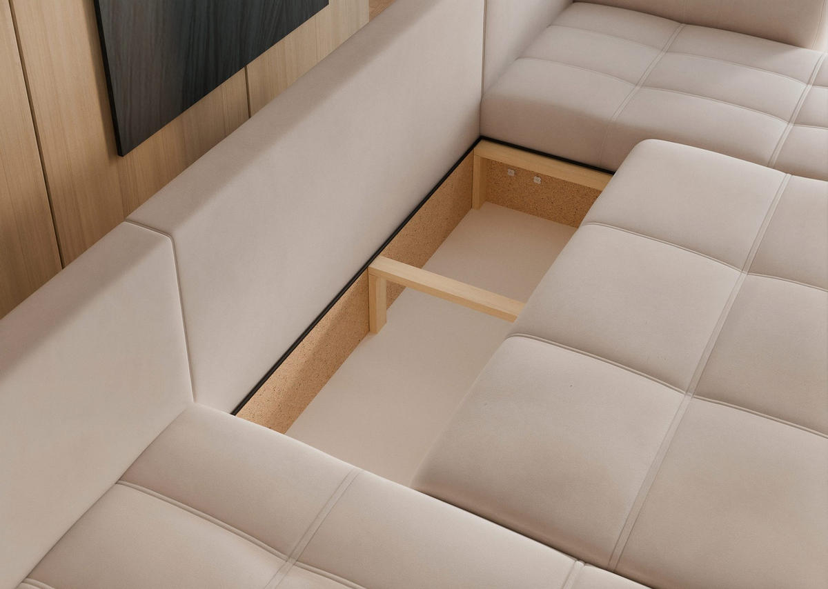 WOHNLANDSCHAFT U-Form Velours mit Bettkasten und Schlaffunktion - Beige, Holzwerkstoff/Textil (318/79/145cm) - Idohome