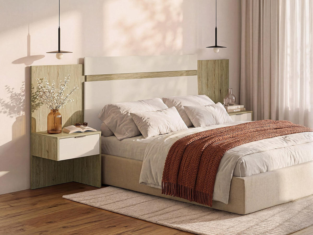 BETTKOPFTEIL - 2 Personen - holz - naturfarben hell, cremefarben Parati - Creme/Naturfarben, Holz (252/106/39.5cm) - Vente-Unique