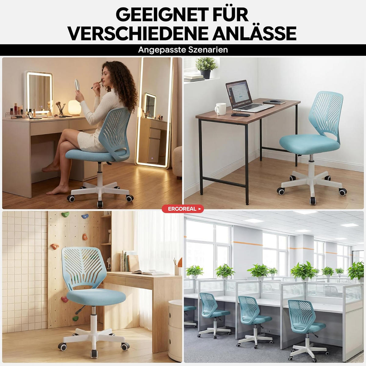 BÜROSTUHL Ergonomischer ohne Armlehne, mit Rollen & Höhenverstellung - Blau, Metall (55/79/55cm)