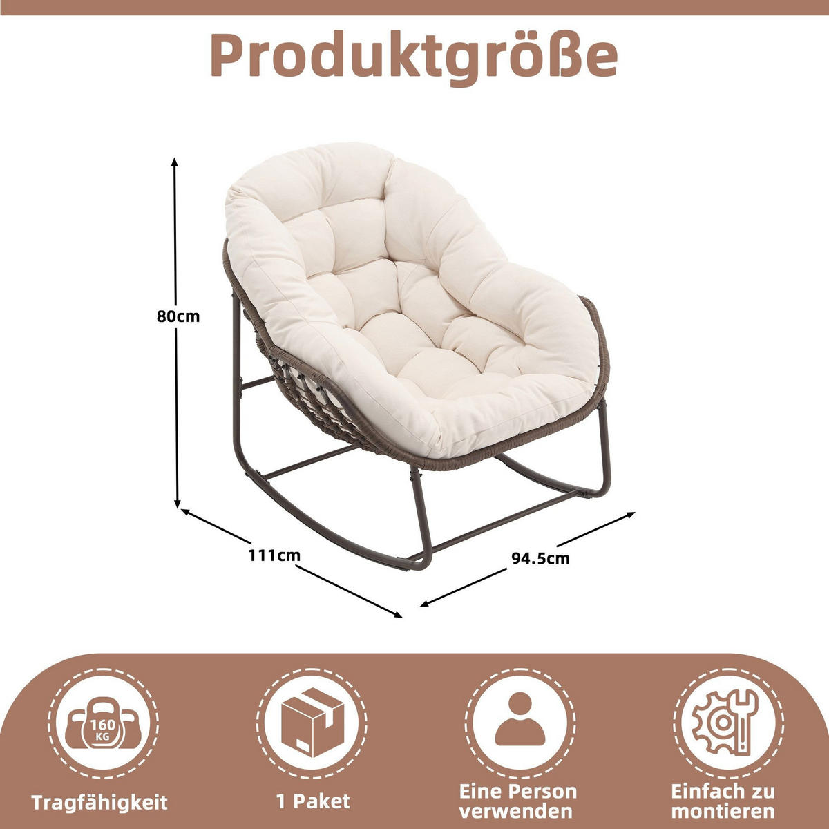 SCHAUKELSTUHL Schaukelsessel,Rattanstuhl mit Stahlrahmen,Weiß-Polyester - Beige, Metall (94.5/80/111cm) - LVHOM