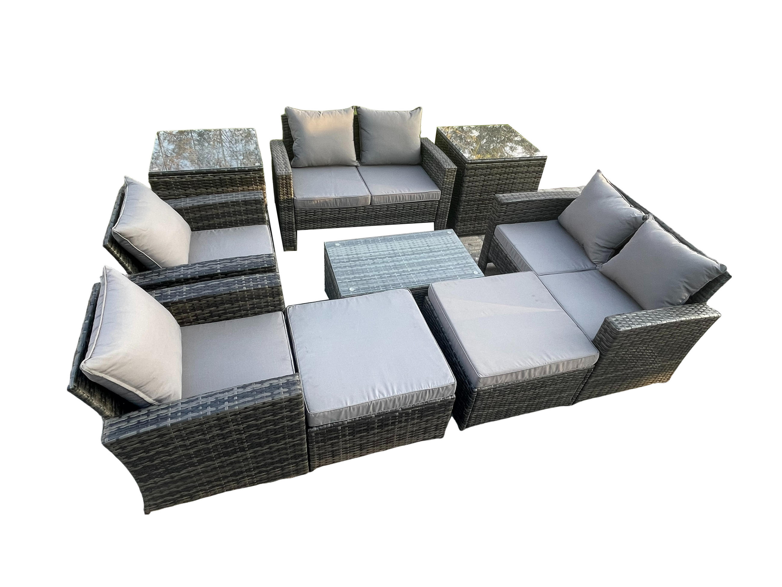 GARTENSOFA STUHL SET MIT COUCHTISCH 2 HOCKER 2 BEISTELLTISCHE Polyrattan Dunkelgrau Gemischt 8-Sitzer - Dunkelgrau, Metall - Fimous